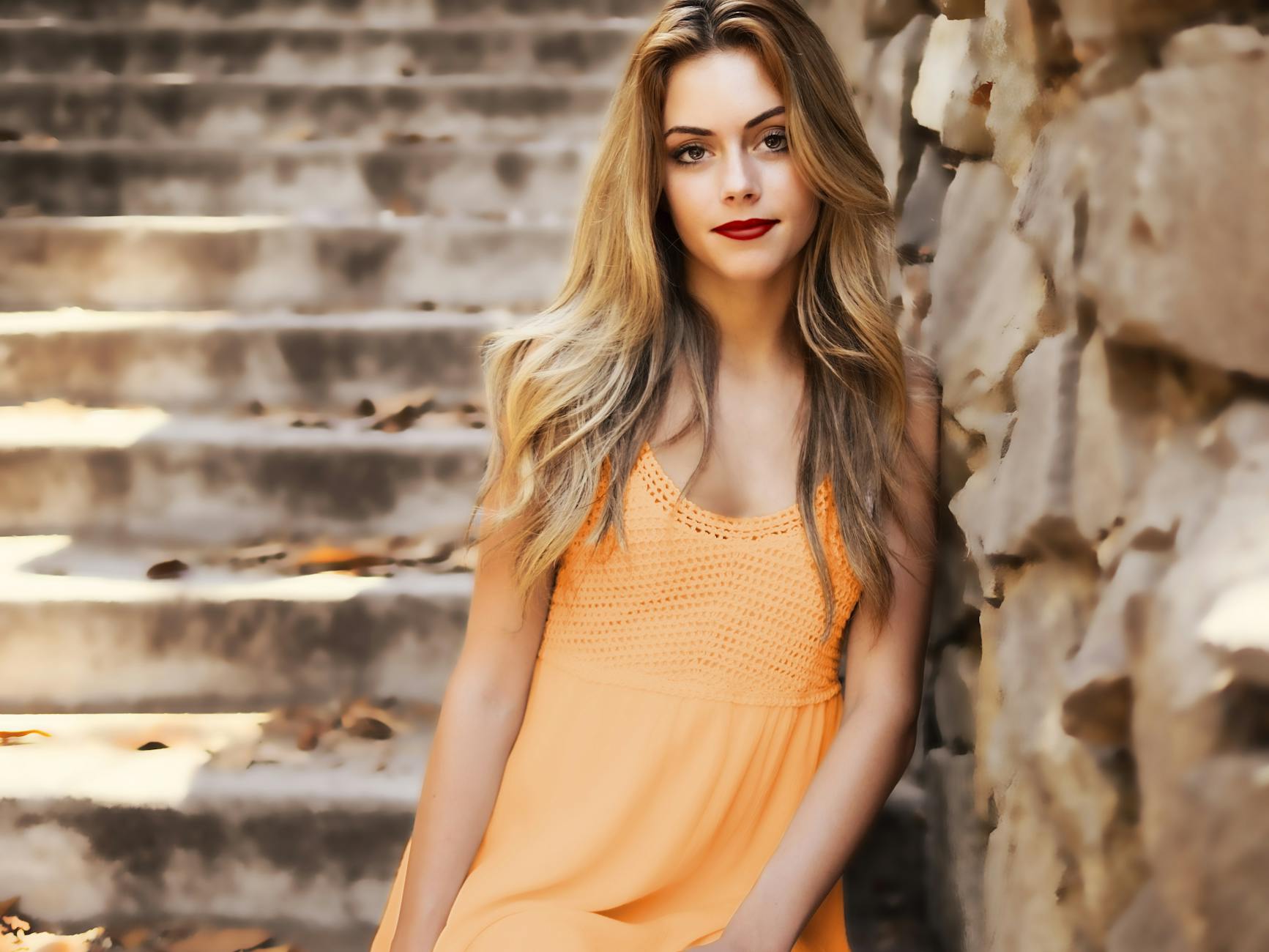 woman wearing orange dress leaning on brown wall near stairs