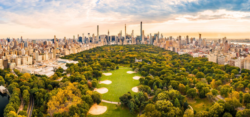 Aerial view of Central Park in New York City, showcasing its lush greenery and expansive lawns with the Manhattan skyline in the background during sunset.