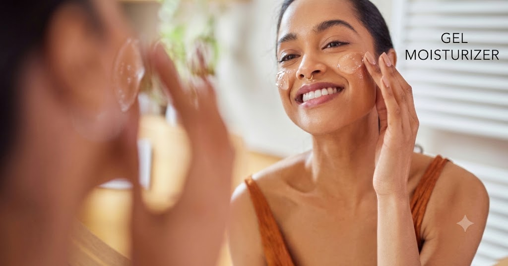 Woman applying lightweight gel moisturizer to her face for soft, smooth, and hydrated skin.