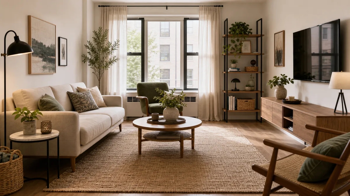 Organized home interior with tidy shelves, storage baskets, and a clean, peaceful living space.
