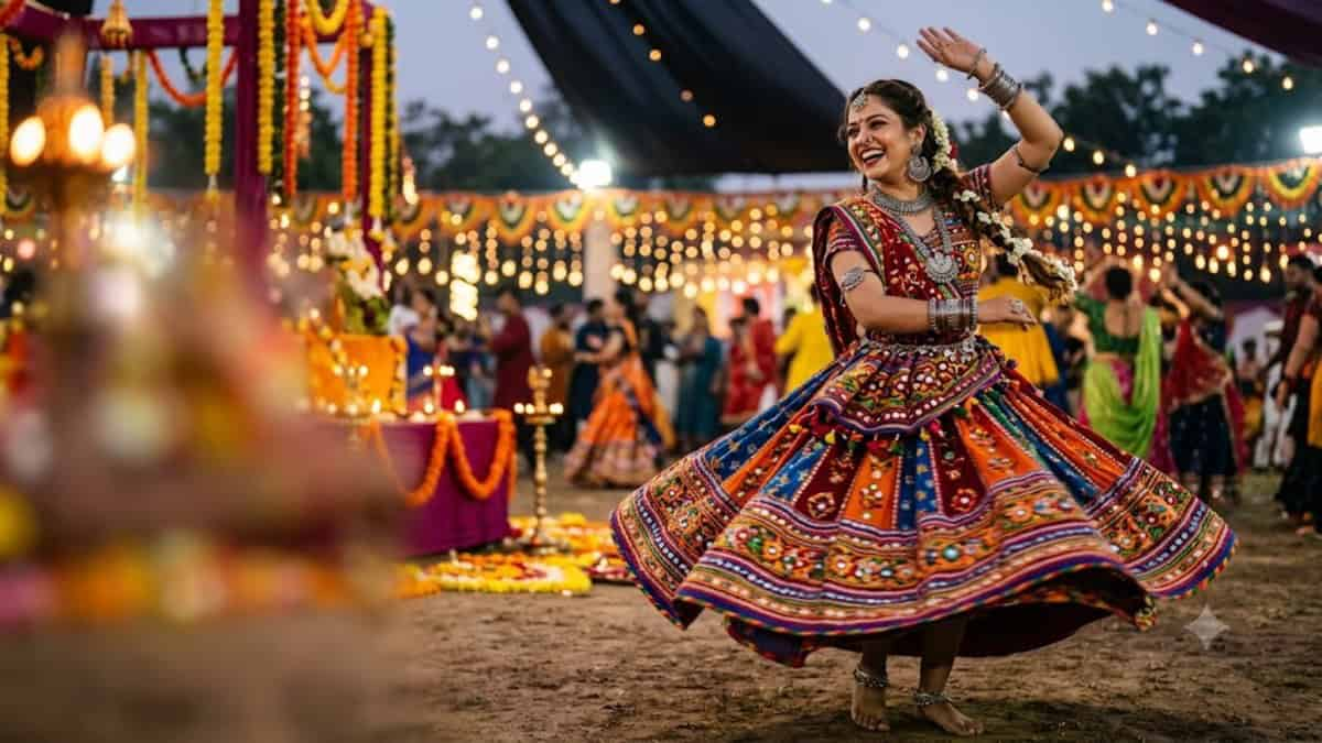 Women wearing colourful Chaniya Cholis and traditional ethnic outfits for Navratri Garba and Dandiya celebrations.