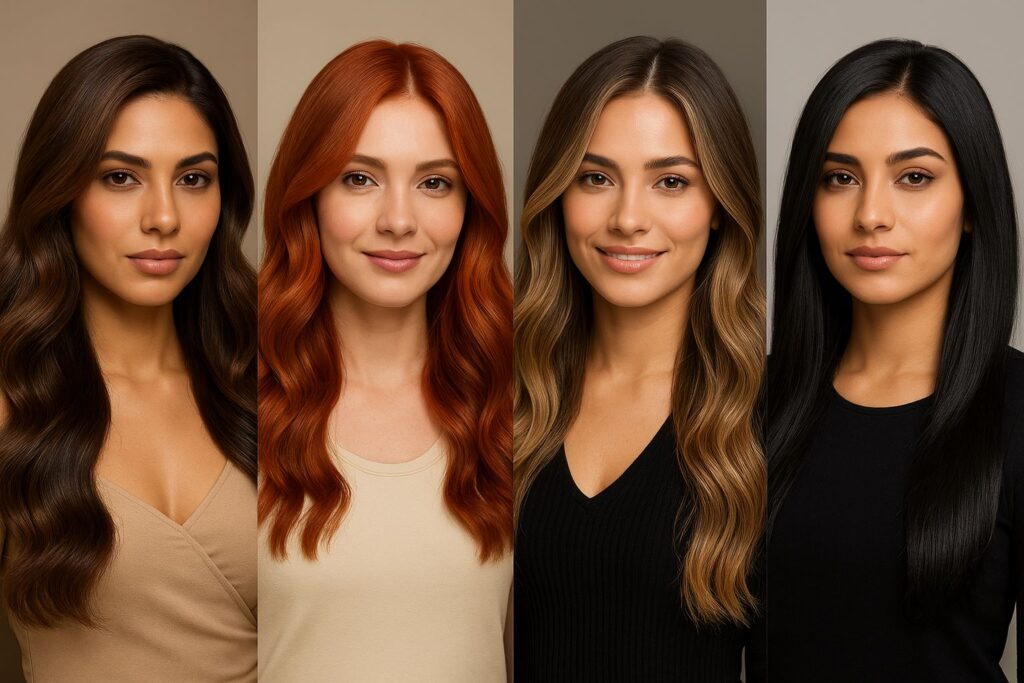 Hair Colour Trends 2026 featuring chocolate cherry, butter blonde, honey brown, copper, and cashmere brunette shades.