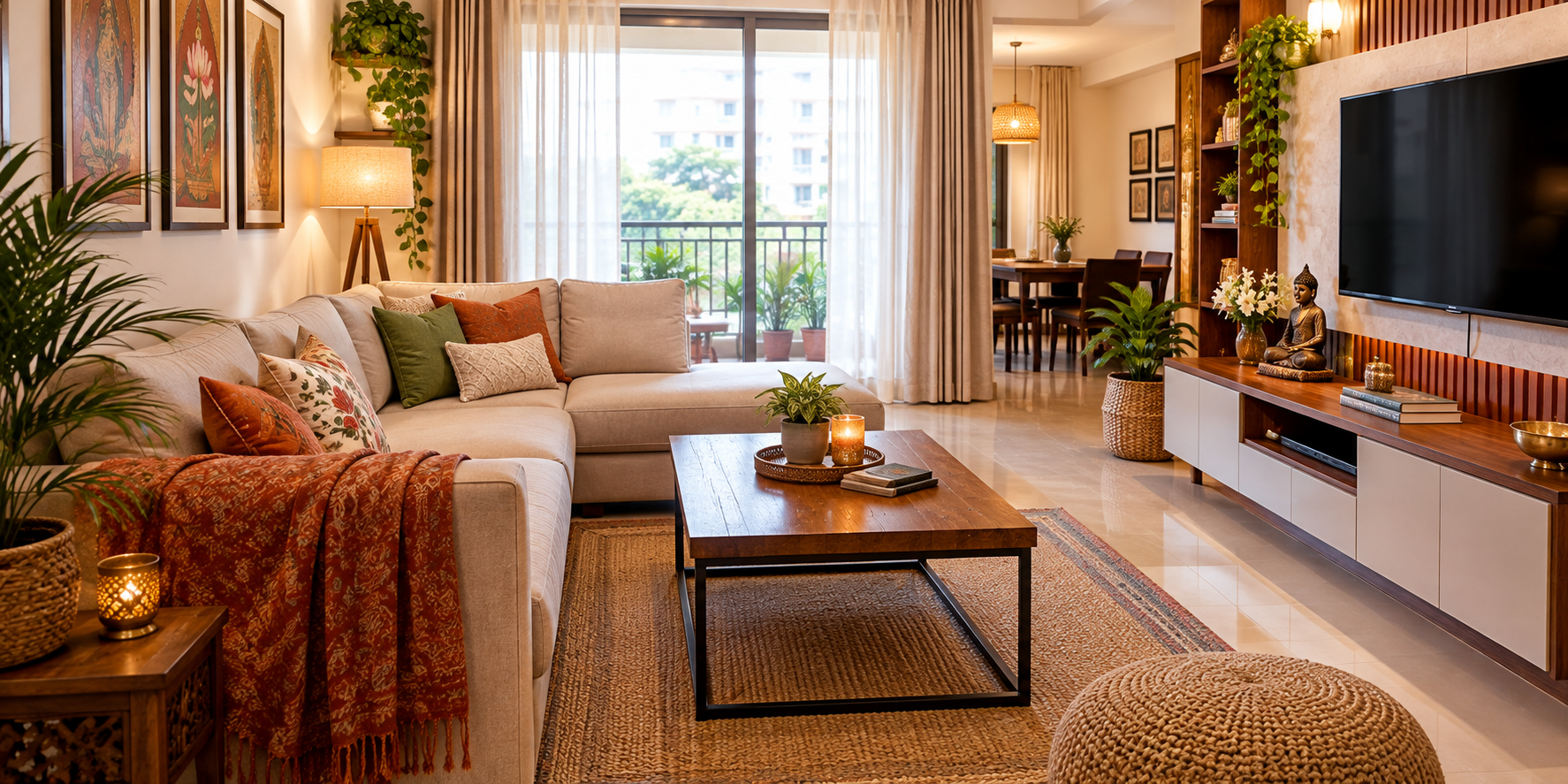 Living room design ideas for Indian homes with a modern sofa, decorative cushions, a wooden coffee table, indoor plants, and warm lighting.