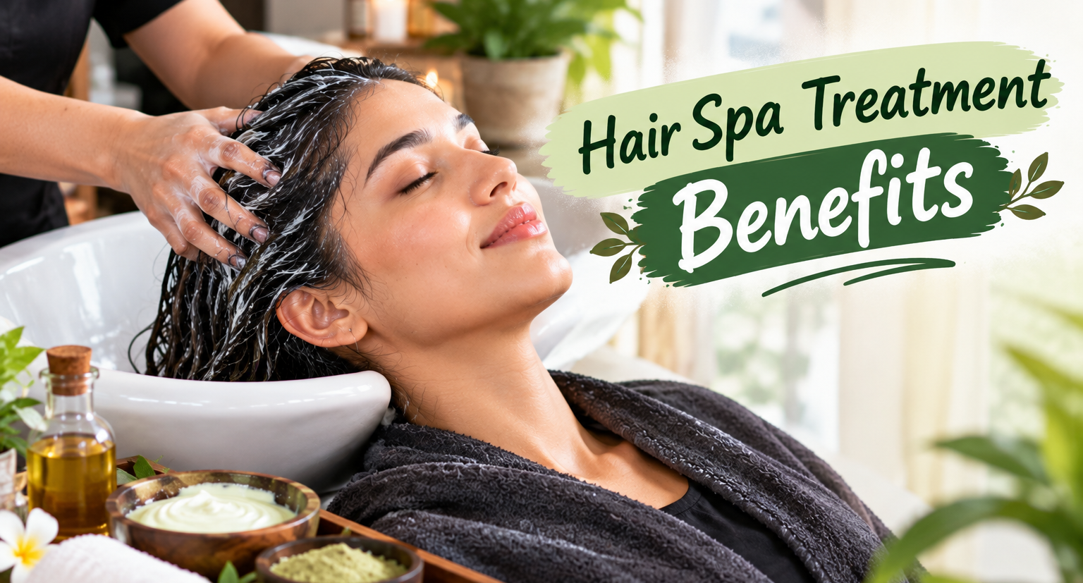 Hair spa treatment benefits for hair growth, featuring a nourishing hair mask, scalp massage, and deep conditioning for healthier-looking hair.