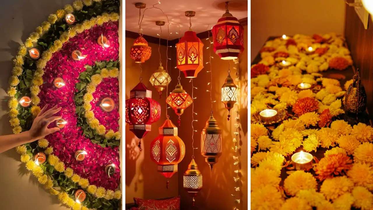 Easy Diwali preparation ideas featuring home decorations, glowing diyas, colorful rangoli, festive essentials, and organized arrangements for a stress-free celebration.